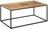 Moderner Couchtisch mit Holzplatte und Metallrahmen, seitliche Perspektive