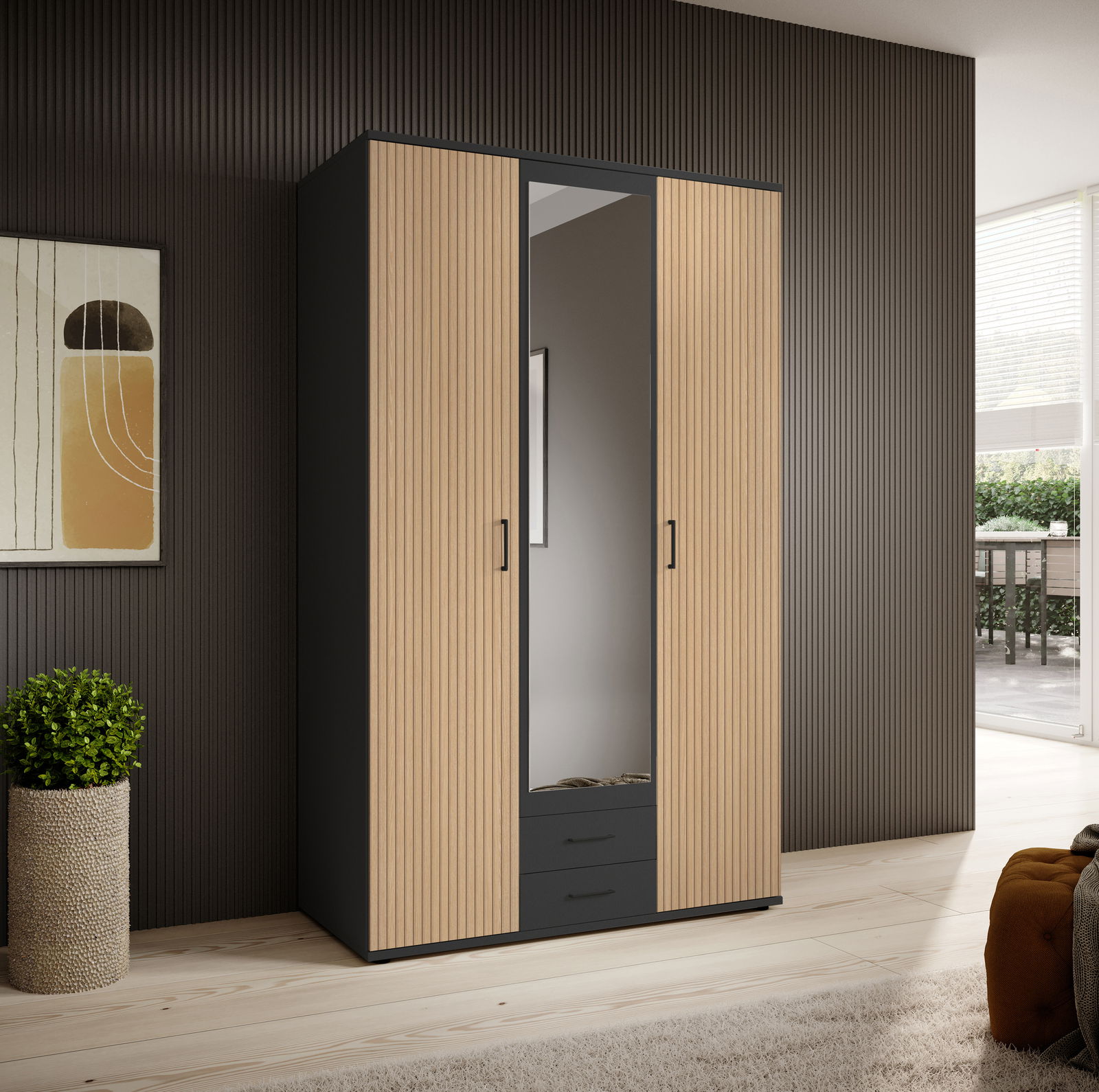 Drehtürenschrank mit Holzoptik und Spiegel in einem modernen Raum, seitliche Perspektive