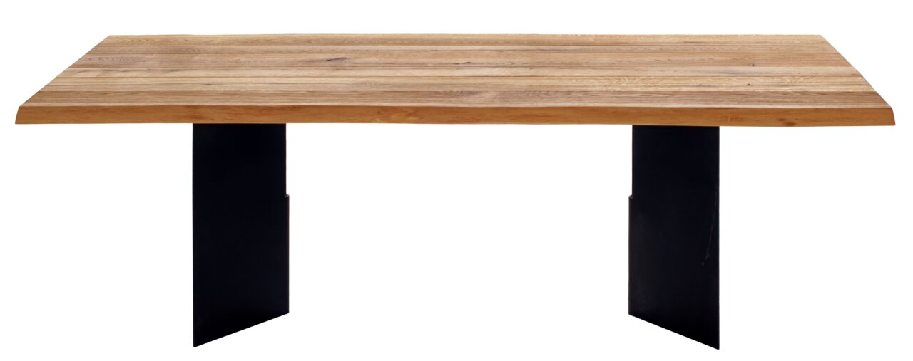 Esstisch aus Holz mit schwarzem Metallgestell, Vorderansicht