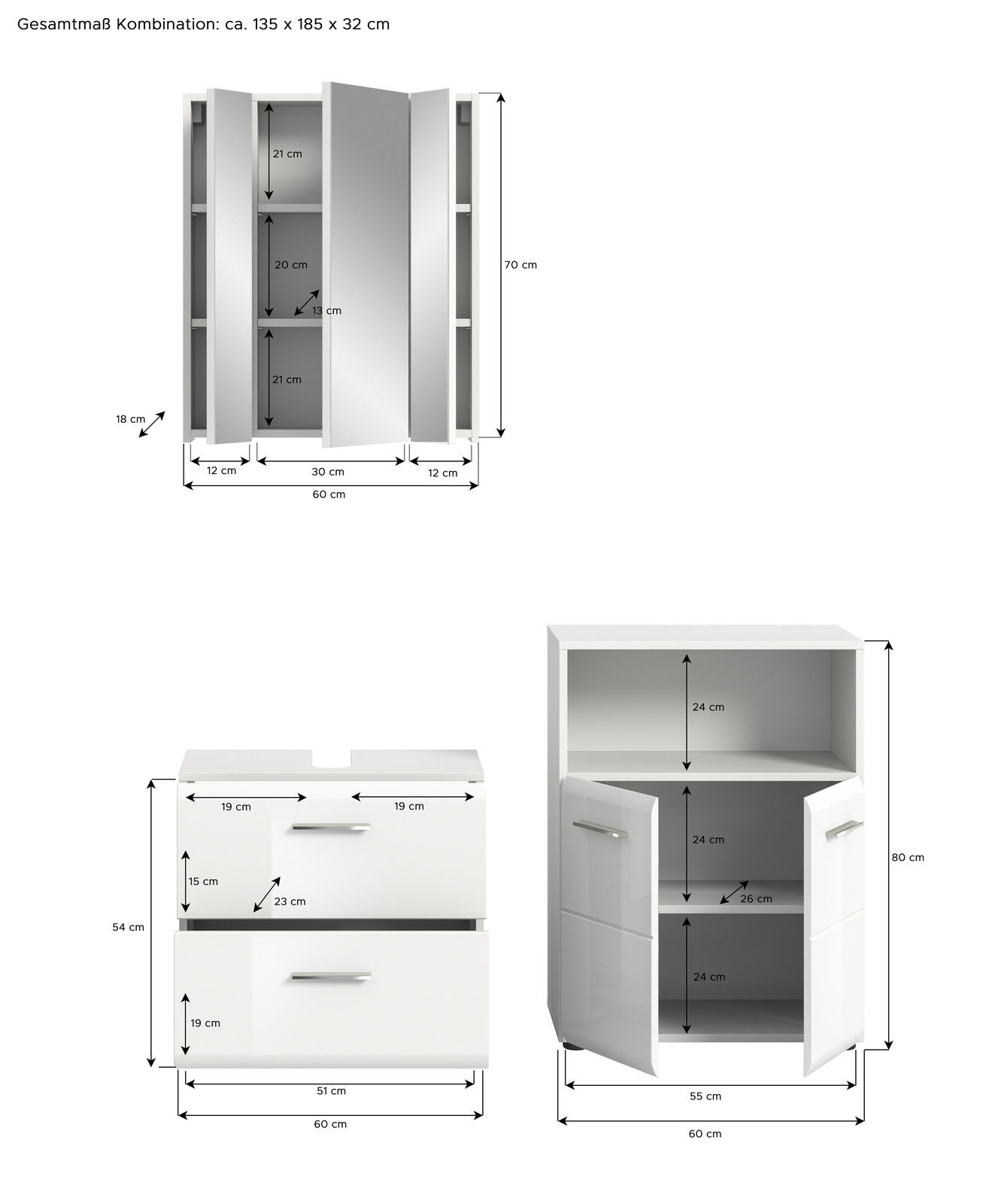 Badkombination bestehend aus einem Spiegelschrank, einem Waschbeckenunterschrank und einem Hochschrank, frontal abgebildet. Der Spiegelschrank hat drei Türen, der Waschbeckenunterschrank zwei Schubladen und der Hochschrank offene und geschlossene Fächer.