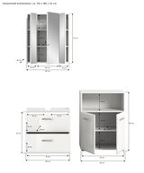 Badkombination bestehend aus einem Spiegelschrank, einem Waschbeckenunterschrank und einem Hochschrank, frontal abgebildet. Der Spiegelschrank hat drei Türen, der Waschbeckenunterschrank zwei Schubladen und der Hochschrank offene und geschlossene Fächer.