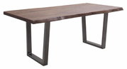 Moderne houten eettafel met natuurlijke rand en metalen poten, zijaanzicht