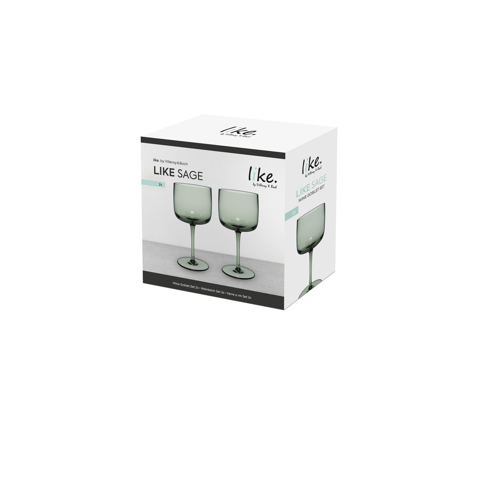 Weinkelch Set 2-tlg. in Salbeigrün, seitliche Perspektive der Verpackung