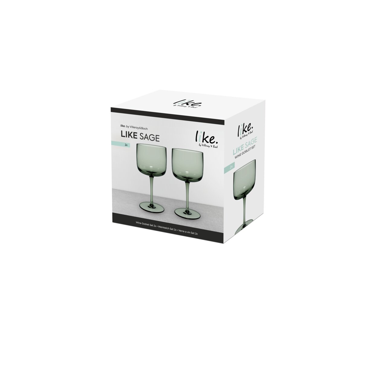 Weinkelch Set 2-tlg. in Salbeigrün, seitliche Perspektive der Verpackung