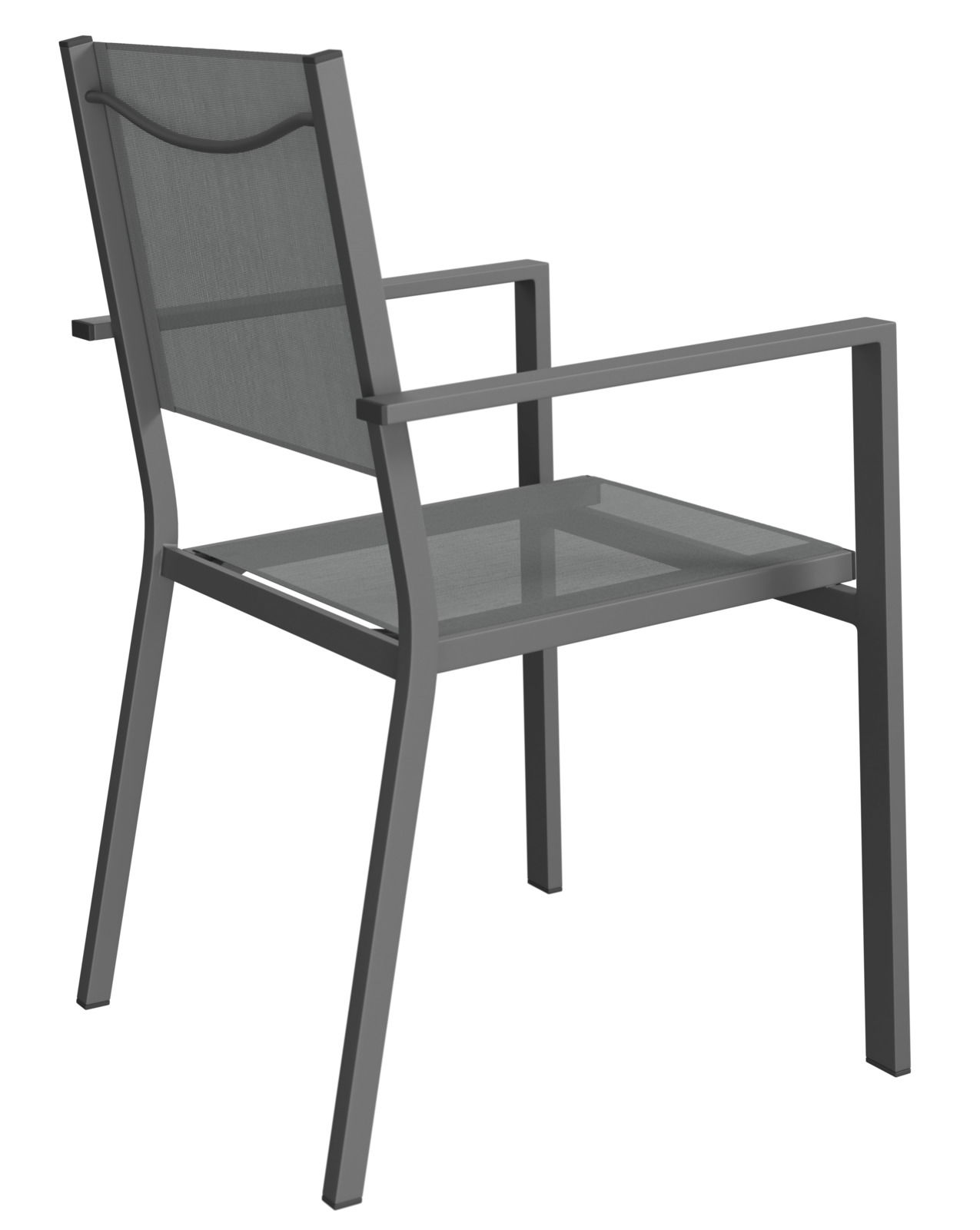 Moderner grauer Stapelsessel aus Metall, Rückansicht