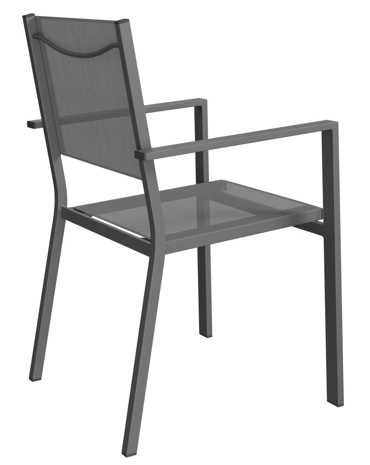 Moderner grauer Stapelsessel aus Metall, Rückansicht