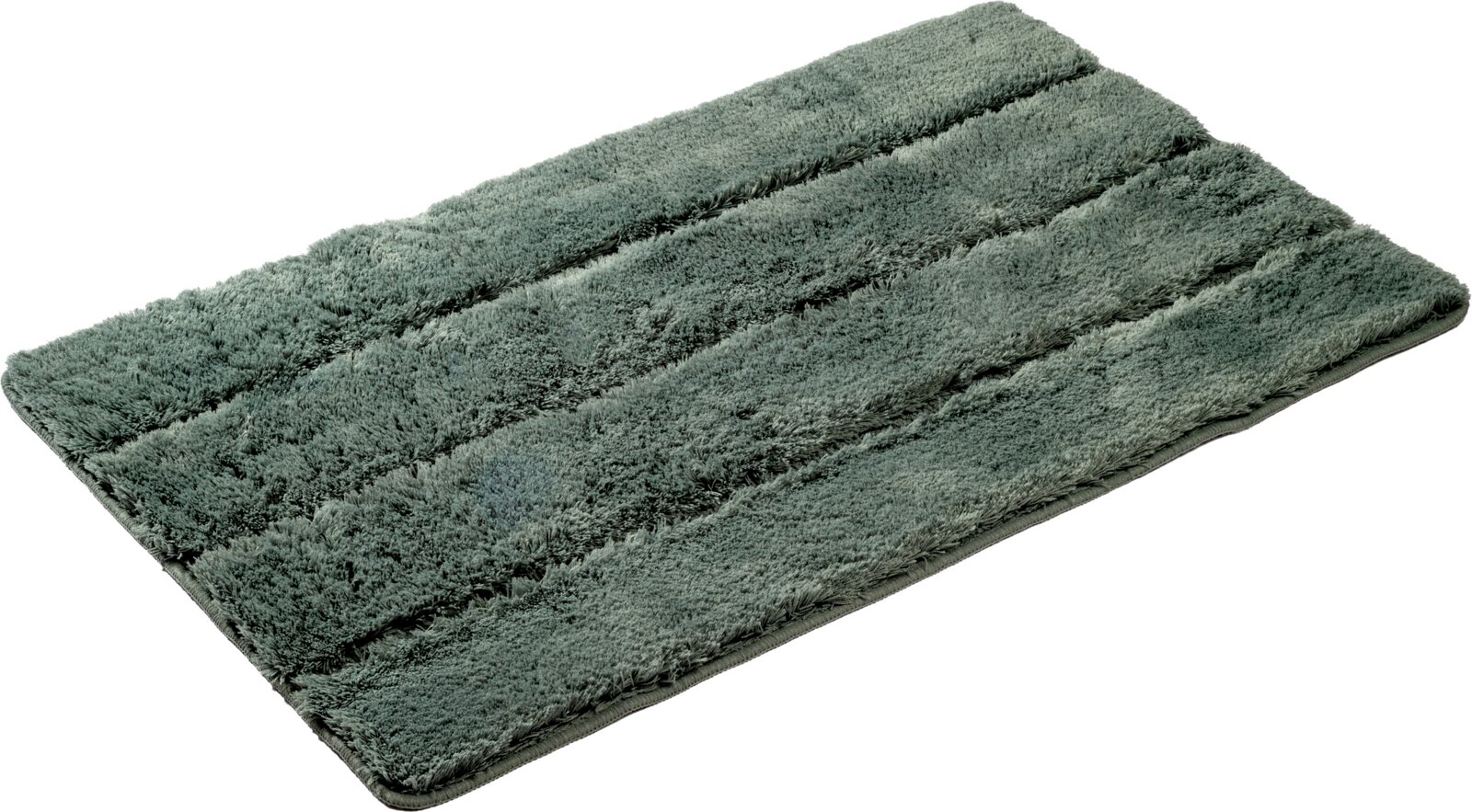 Linneweber Badteppich 50x60cm PARIS Weiche, rechteckige Badvorleger-/Badematte in Salbeigrün mit hohem Flor und Streifenstruktur, schräg von oben (3/4-Perspektive) freigestellt auf weißem Hintergrund