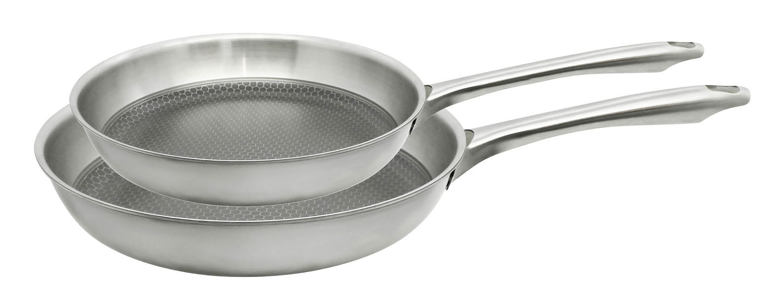 Zwei stapelbare Edelstahlpfannen mit Wabenstruktur, seitliche Perspektive