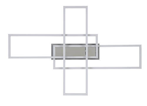 Moderne led-plafondlamp met een geometrisch ontwerp, gezien van voren.
