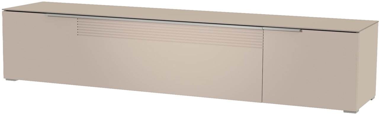 Beiges XL TV-Lowboard mit modernen Linien, seitliche Perspektive