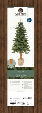 Künstlicher Weihnachtsbaum Tiaga Tanne, 210 cm hoch, mit echtem Holzstamm und weichen Nadeln, frontal abgebildet.