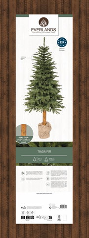 Künstlicher Weihnachtsbaum Tiaga Tanne, 210 cm hoch, mit echtem Holzstamm und weichen Nadeln, frontal abgebildet.