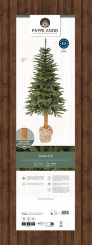 Kunstkerstboom Tiaga-spar, 210 cm hoog, met een stam van echt hout en zachte naalden, afgebeeld van voren.