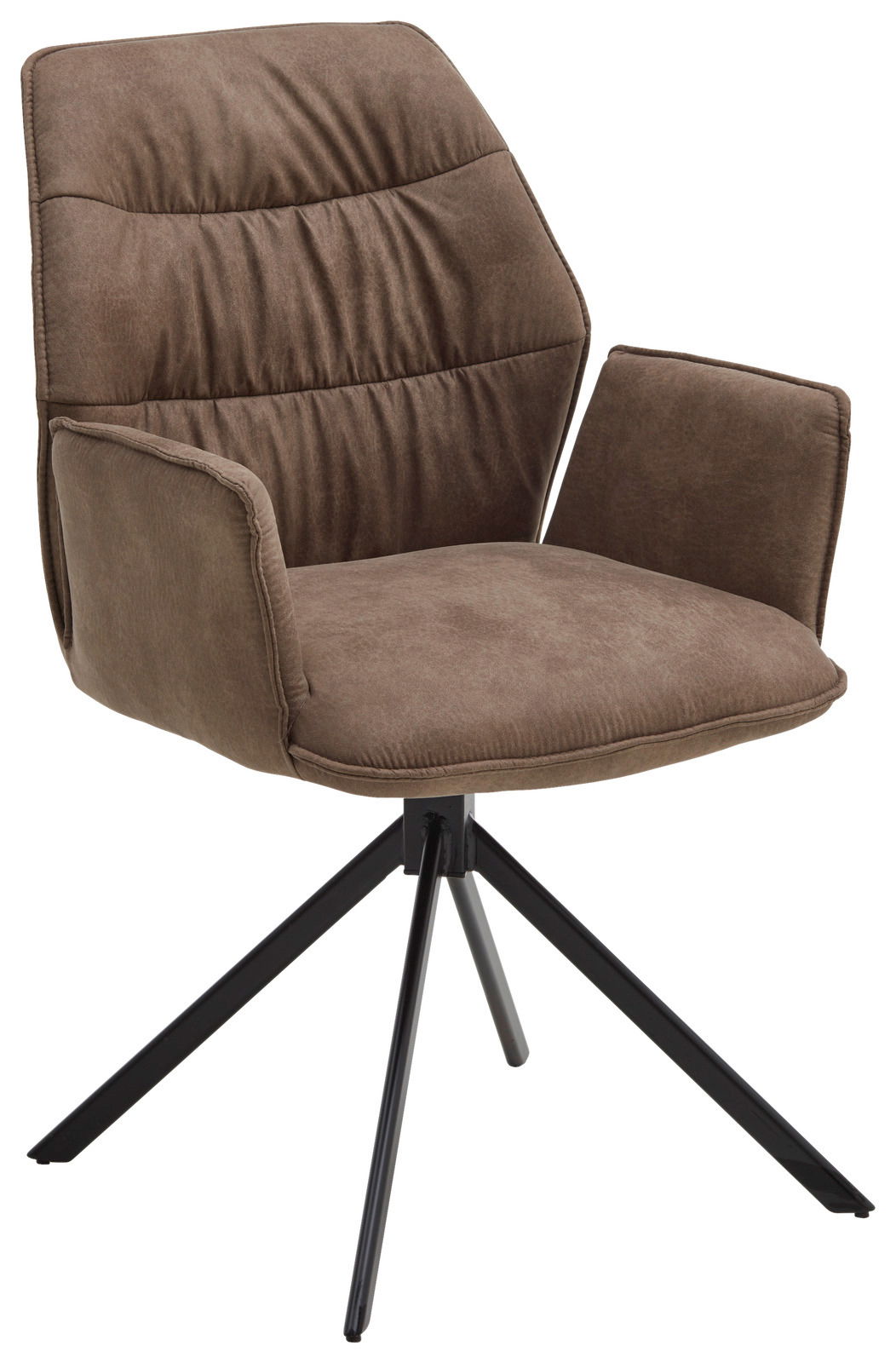 Brauner Sessel mit gepolstertem Sitz und Rückenlehne, schwarzes Metallgestell, seitliche Perspektive