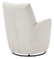 Rückansicht eines modernen Sessels mit hellgrauem, geripptem Stoffbezug und schwarzem Metallfuß.