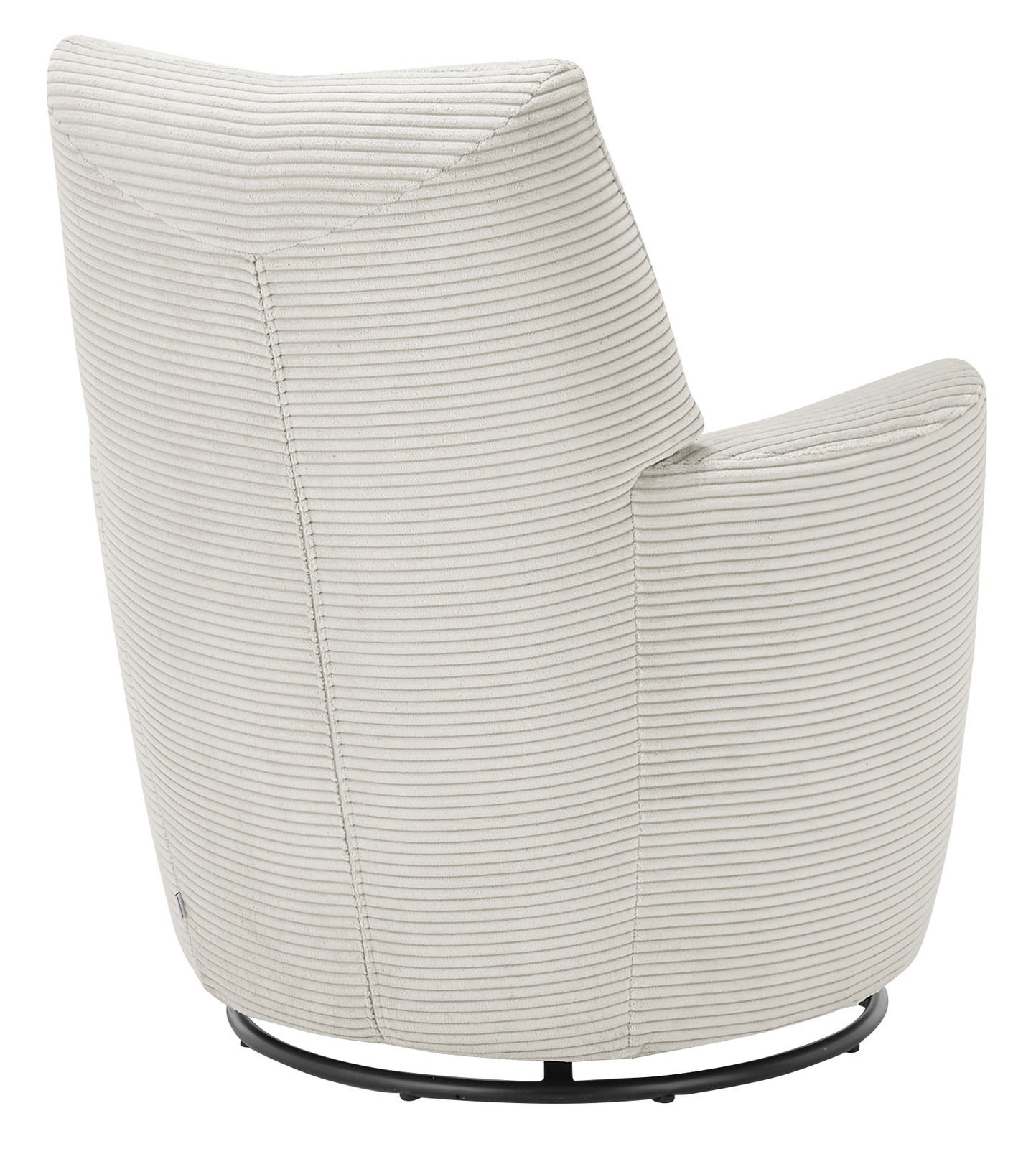 Rückansicht eines modernen Sessels mit hellgrauem, geripptem Stoffbezug und schwarzem Metallfuß.