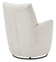 Rückansicht eines modernen Sessels mit hellgrauem, geripptem Stoffbezug und schwarzem Metallfuß.