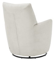 Rückansicht eines modernen Sessels mit hellgrauem, geripptem Stoffbezug und schwarzem Metallfuß.