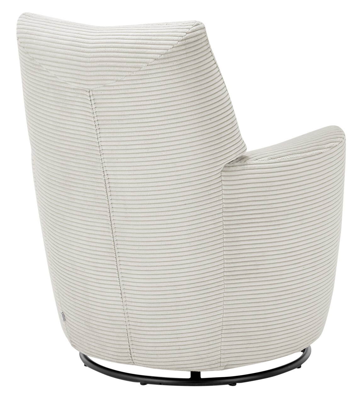 Rückansicht eines modernen Sessels mit hellgrauem, geripptem Stoffbezug und schwarzem Metallfuß.