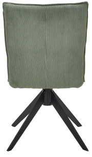 Rückansicht eines grünen Stuhls mit geripptem Stoffbezug und schwarzem Metallgestell.
