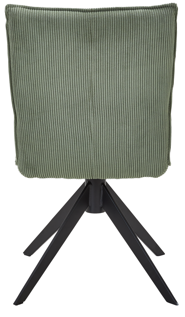 Rückansicht eines grünen Stuhls mit geripptem Stoffbezug und schwarzem Metallgestell.