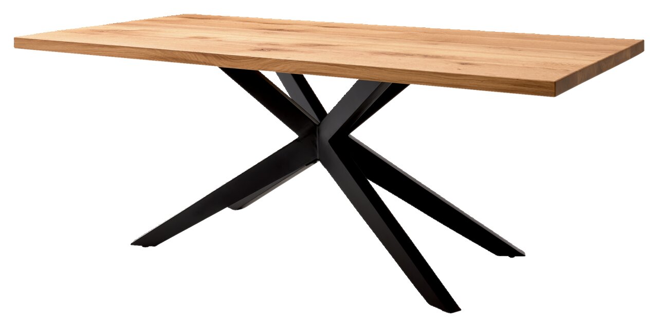 Moderne eettafel met houten blad en zwart metalen onderstel, zijaanzicht