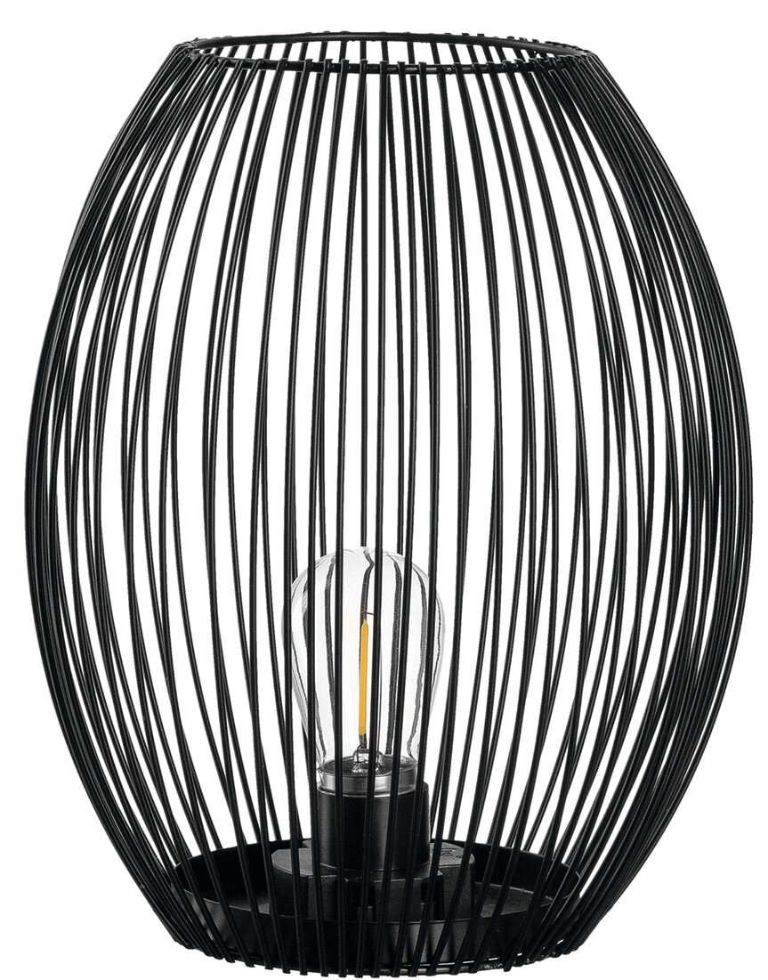 Schwarze LED-Laterne Casolare mit Drahtgestell und sichtbarer Glühbirne, seitliche Perspektive