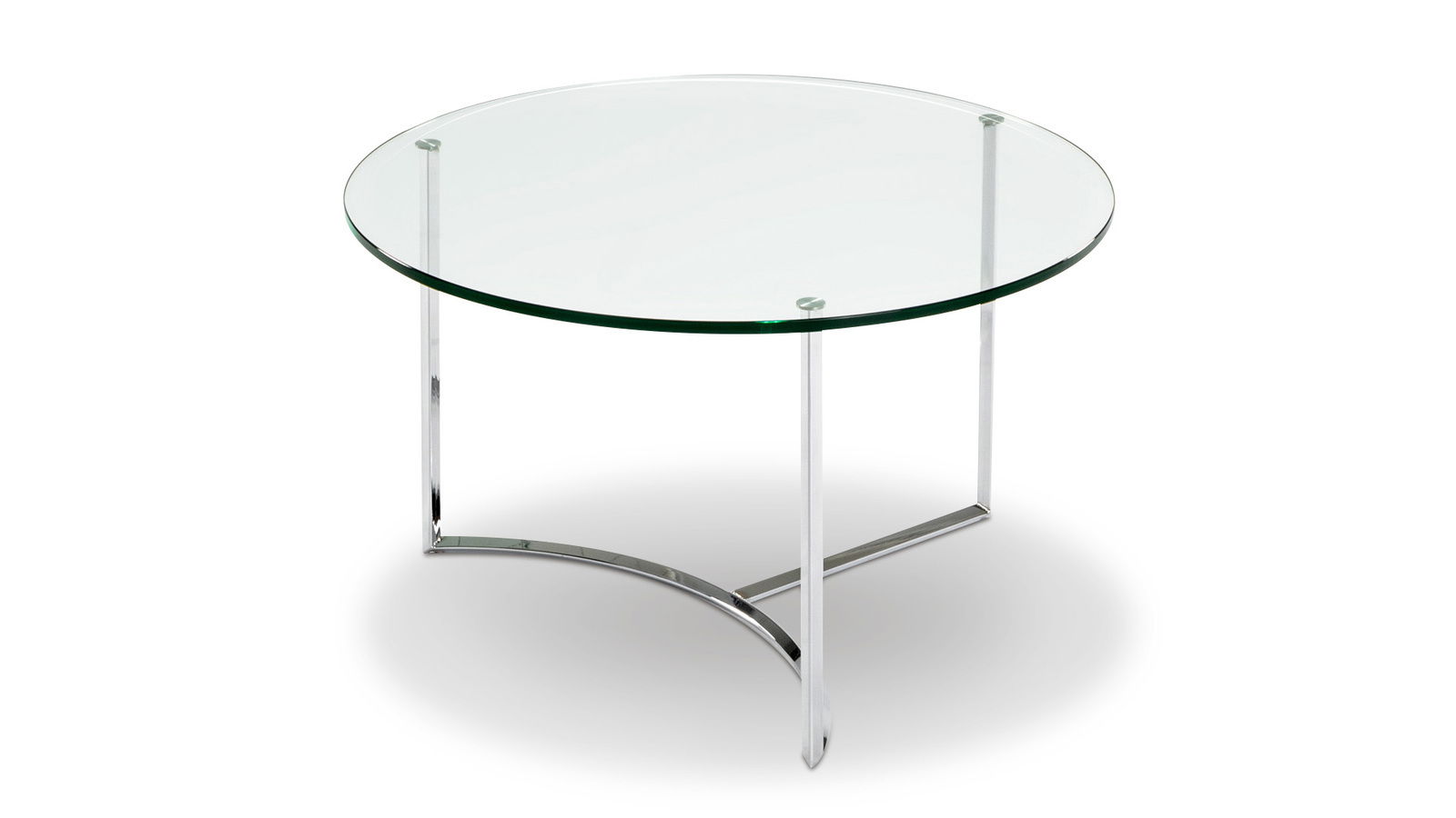 Runder Couchtisch mit Glasplatte und verchromtem Metallgestell, seitliche Perspektive