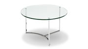 Runder Couchtisch mit Glasplatte und verchromtem Metallgestell, seitliche Perspektive