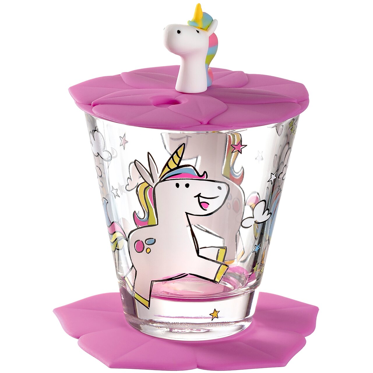Kinderdrinkset met eenhoornmotief, bestaande uit een glas met roze deksel en onderzetter, zijaanzicht