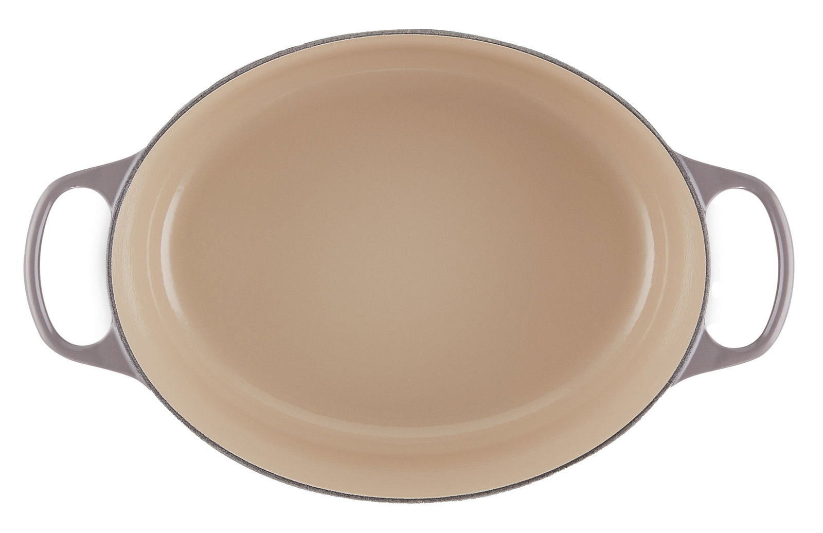 Ovaler Bräter in der Farbe Flint, Ansicht von oben mit zwei seitlichen Griffen.