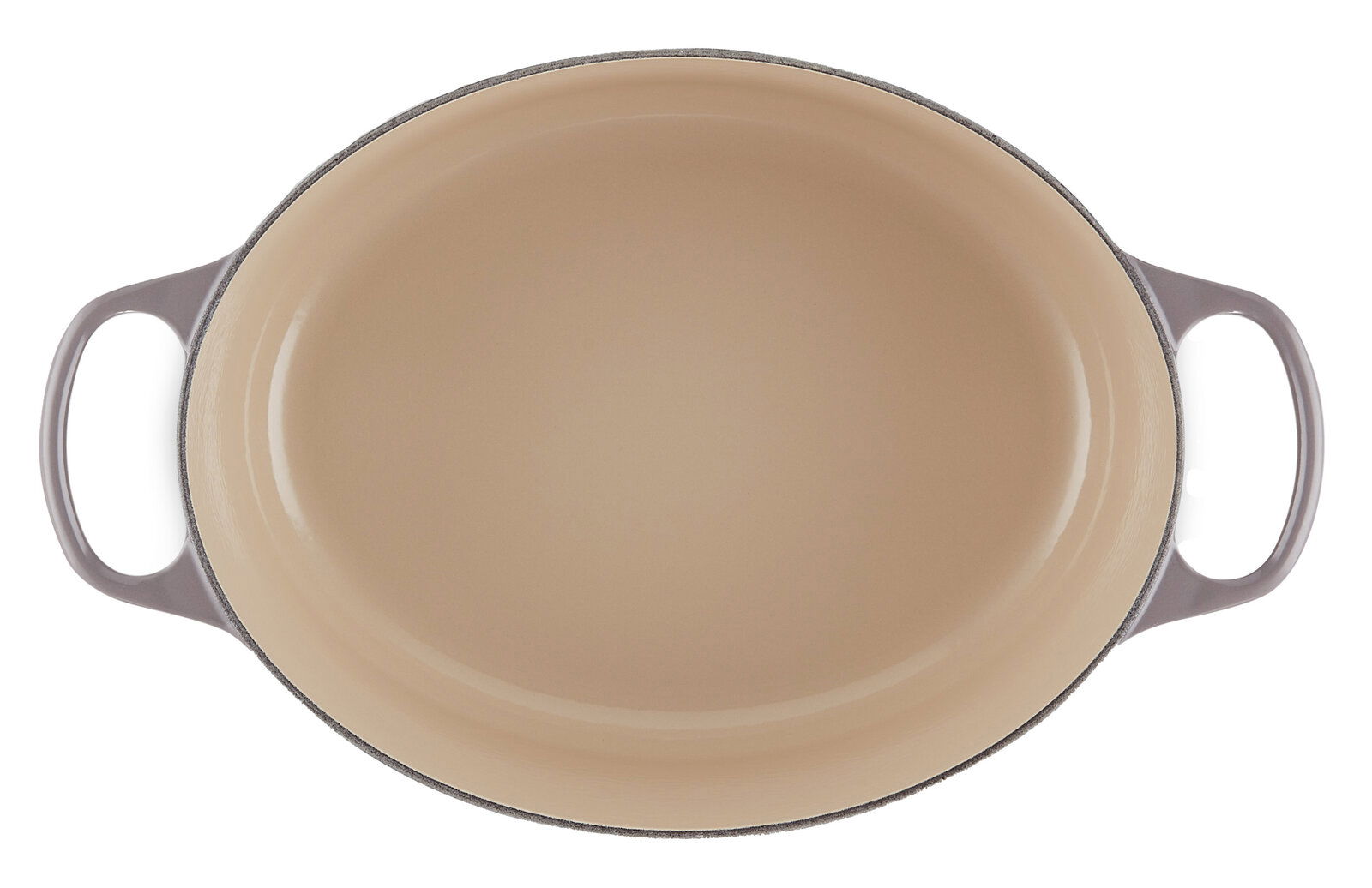 Ovaler Bräter in der Farbe Flint, Ansicht von oben mit zwei seitlichen Griffen.