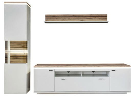 Moderne Wandkombination in Weiß mit Holzdetails, bestehend aus einem hohen Schrank, einem TV-Board und einem Wandregal, frontal abgebildet.