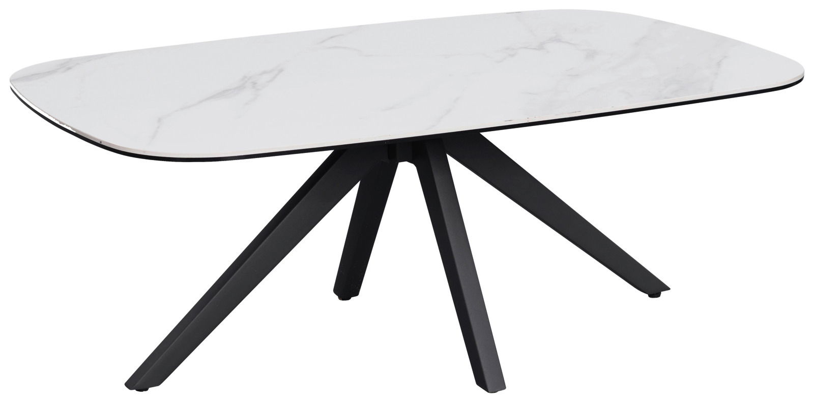 Moderner Couchtisch mit weißer Marmoroptik-Tischplatte und schwarzen Metallbeinen, seitliche Perspektive