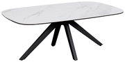 Moderner Couchtisch mit weißer Marmoroptik-Tischplatte und schwarzen Metallbeinen, seitliche Perspektive