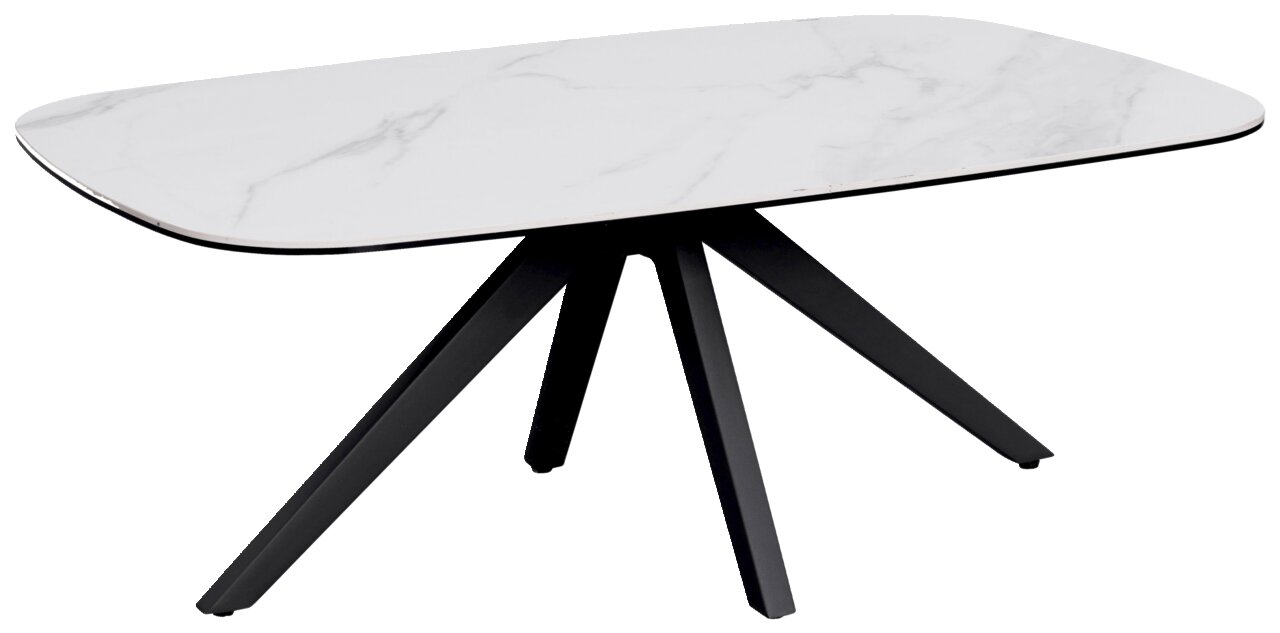 Moderner Couchtisch mit weißer Marmoroptik-Tischplatte und schwarzen Metallbeinen, seitliche Perspektive