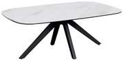 Moderner Couchtisch mit weißer Marmoroptik-Tischplatte und schwarzen Metallbeinen, seitliche Perspektive