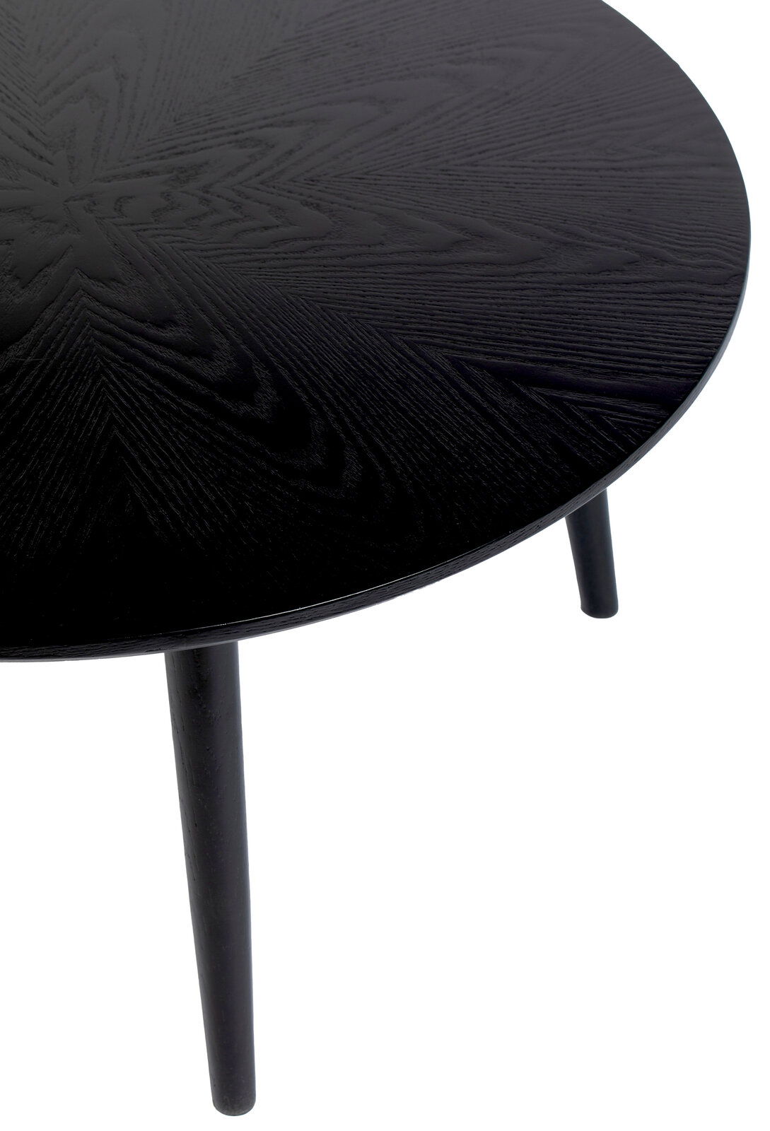 Runder schwarzer Esstisch mit Holzmaserung, Ansicht von oben.