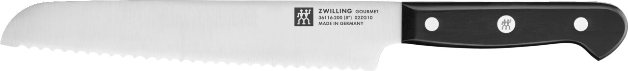 Küchenmesser mit Wellenschliff und schwarzem Griff, seitliche Ansicht