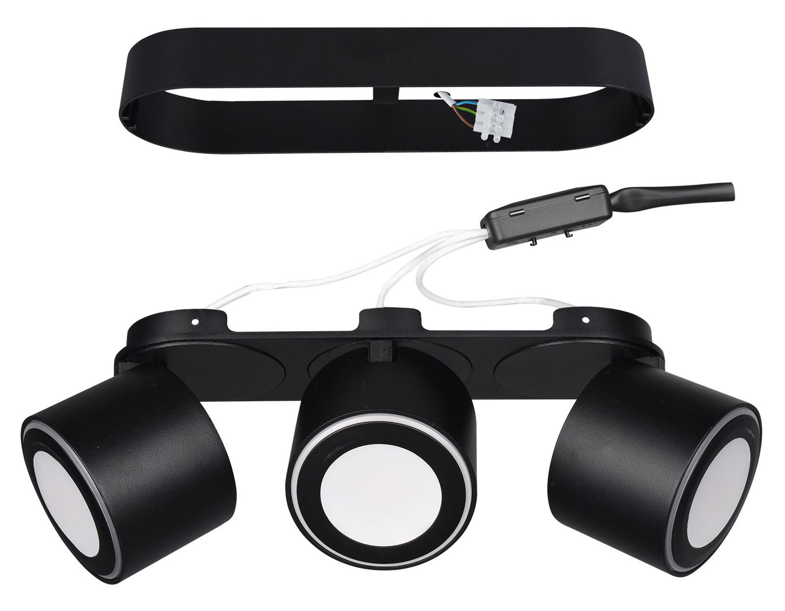 Schwarzer LED-Einbau- und Aufbauspot TAURUS mit drei runden Leuchten, Draufsicht