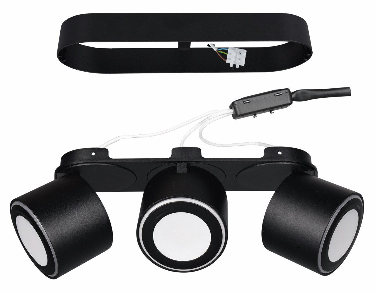Schwarzer LED-Einbau- und Aufbauspot TAURUS mit drei runden Leuchten, Draufsicht