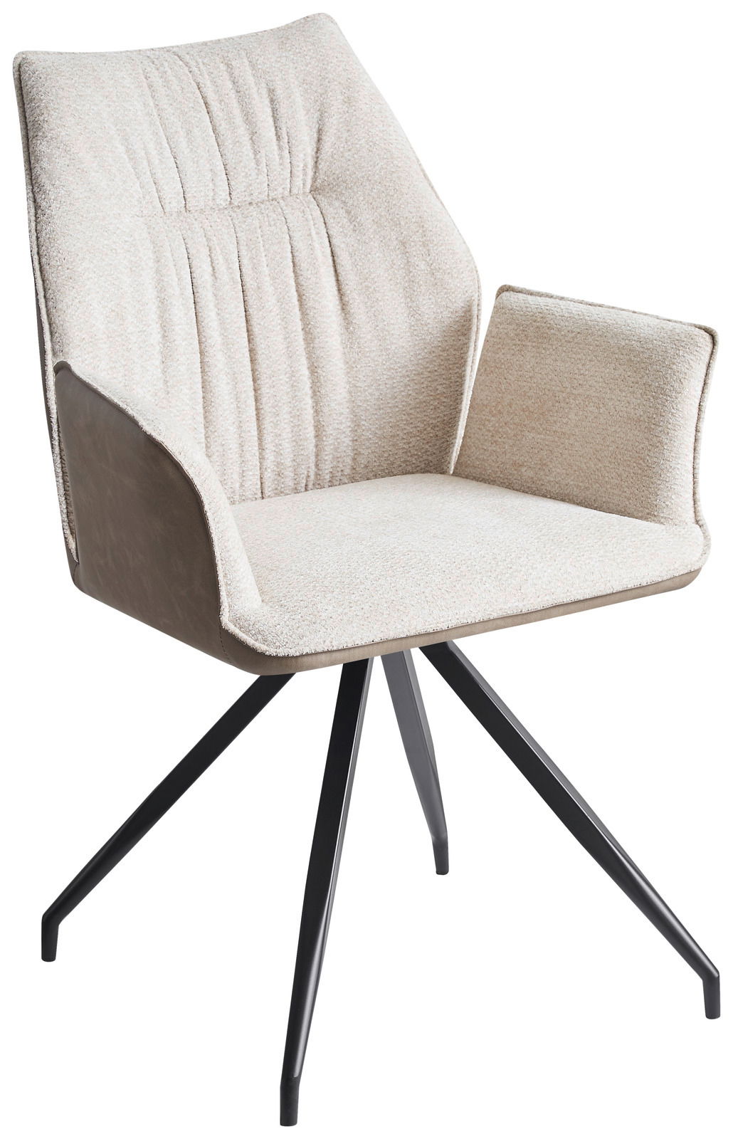 Z2 Armlehnstuhl MAITE Beiger Armlehnstuhl mit gepolsterter Sitzfläche und Rückenlehne, schwarzes Metallgestell, seitliche Perspektive