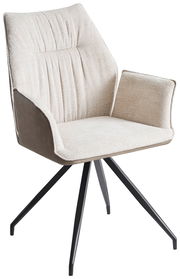 Beiger Armlehnstuhl mit gepolsterter Sitzfläche und Rückenlehne, schwarzes Metallgestell, seitliche Perspektive