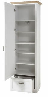 Schmaler Garderobenschrank in Weiß mit geöffneter Tür und Schublade, seitliche Perspektive