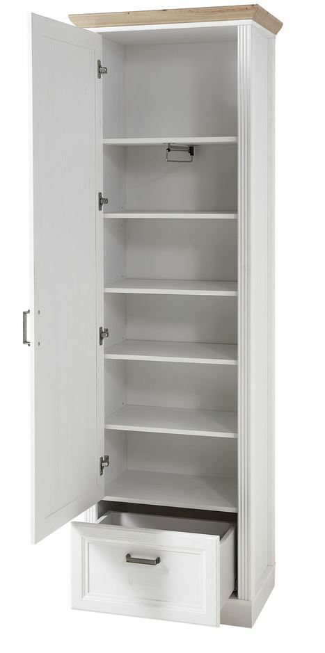 Schmaler Garderobenschrank in Weiß mit geöffneter Tür und Schublade, seitliche Perspektive