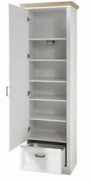 Schmaler Garderobenschrank in Weiß mit geöffneter Tür und Schublade, seitliche Perspektive