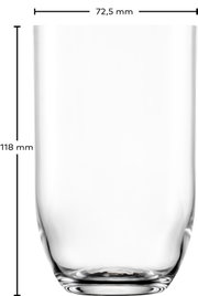 Transparentes Trinkglas mit leicht konischer Form und dickem Boden, Frontansicht; Maße: Höhe ca. 118 mm, Durchmesser ca. 72,5 mm.
