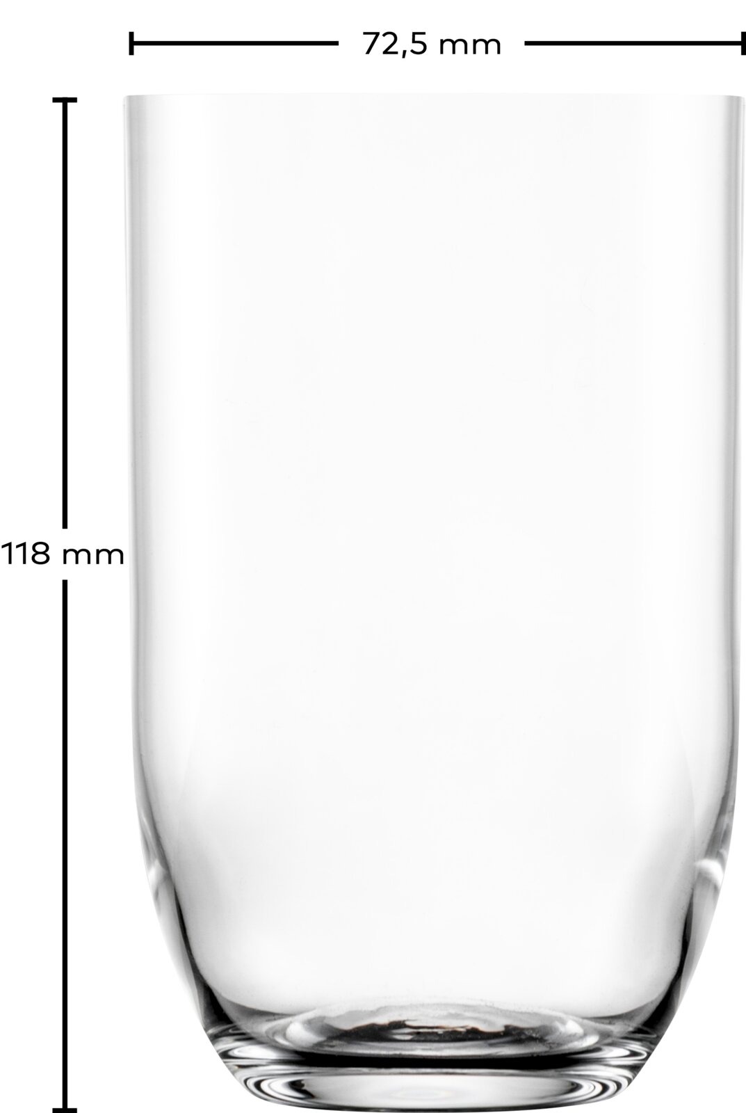 Transparentes Trinkglas mit leicht konischer Form und dickem Boden, Frontansicht; Maße: Höhe ca. 118 mm, Durchmesser ca. 72,5 mm.