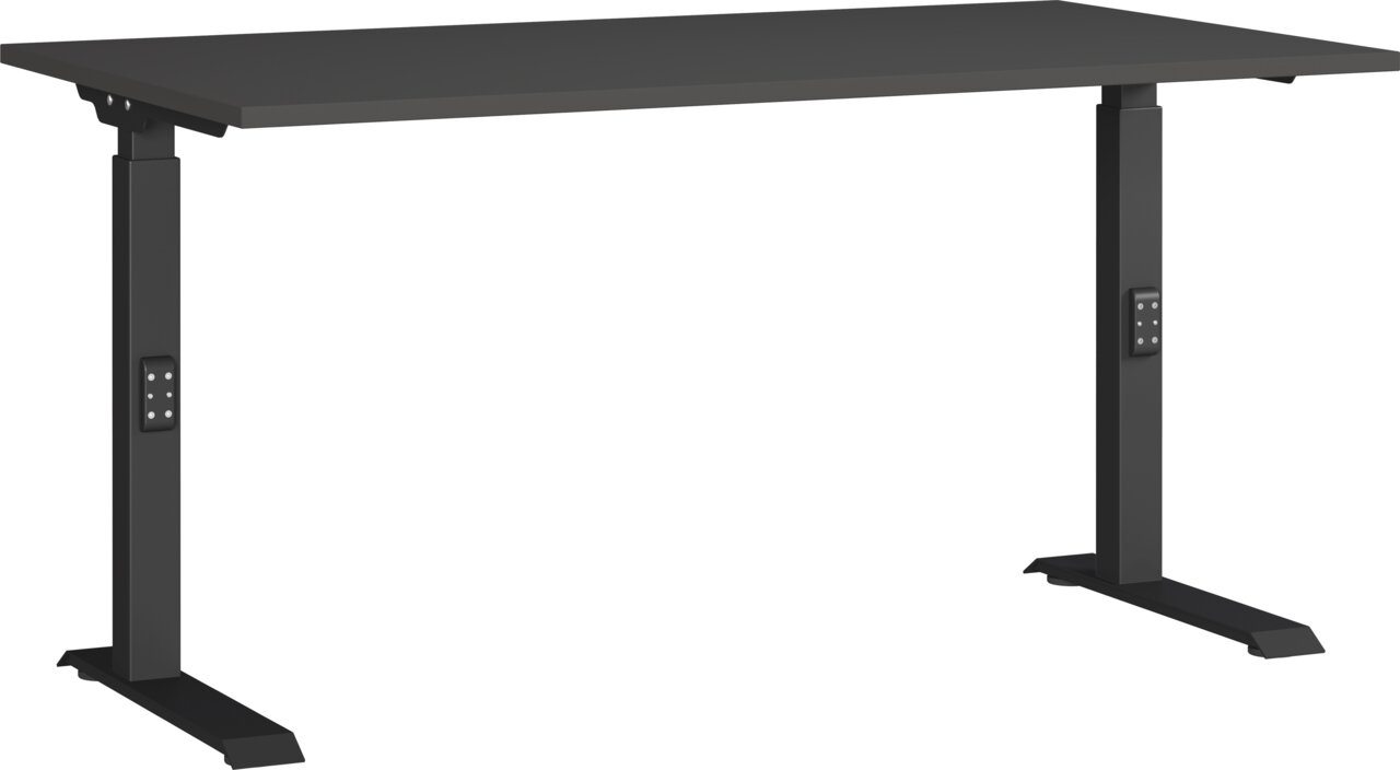 Moderner schwarzer Schreibtisch mit höhenverstellbaren Beinen, seitliche Perspektive