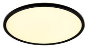 Ovale Deckenleuchte mit schwarzem Rahmen und großflächigem, warmweißem Diffusor, Ansicht von unten (Frontansicht)